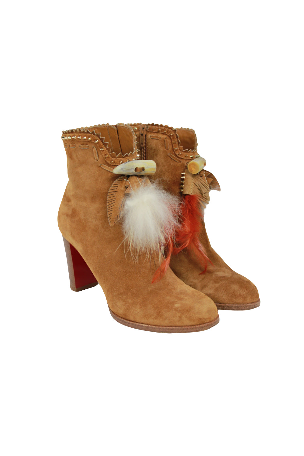 CHRISTIAN LOUBOUTIN tan suede feathers and fur heels boots size 39