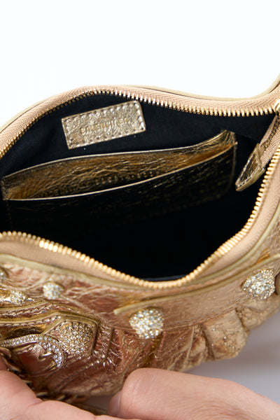 BALENCIAGA mini Le Cagole gold mettalic handbag with crystals never worn