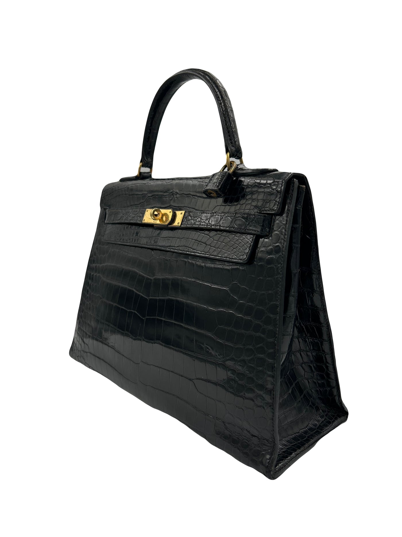 HERMES Kelly 32cm black shiny porosus crocodile ghw 1970's