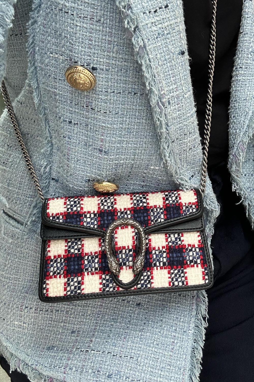 GUCCI Dyonisus extra mini tweed red, white, navy handbag
