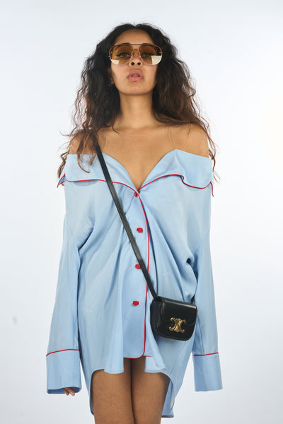 ALEXANDER WANG blue silk logo print oversized net shirt size S