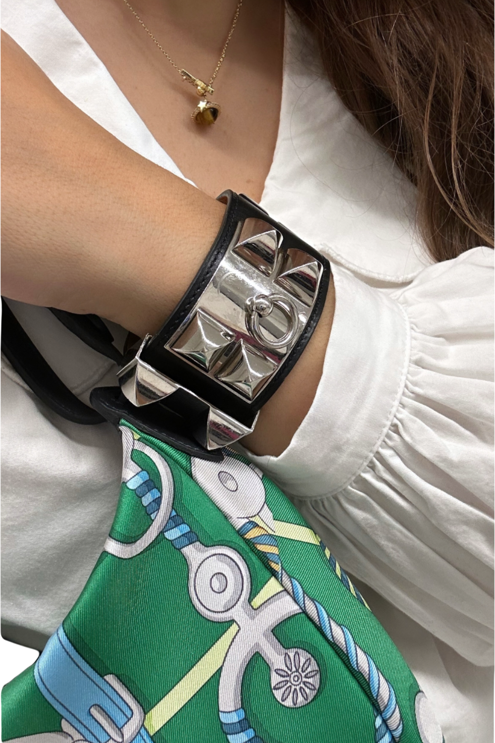 HERMES Collier De Chien cuff bracelet smooth leather silver hardware size S