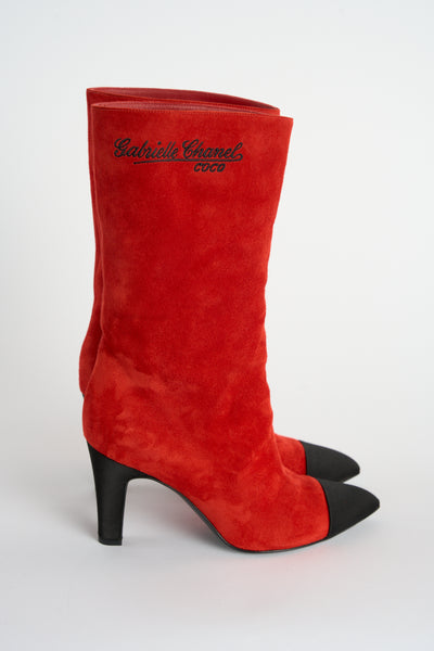 CHANEL red suede boots size 36 with box