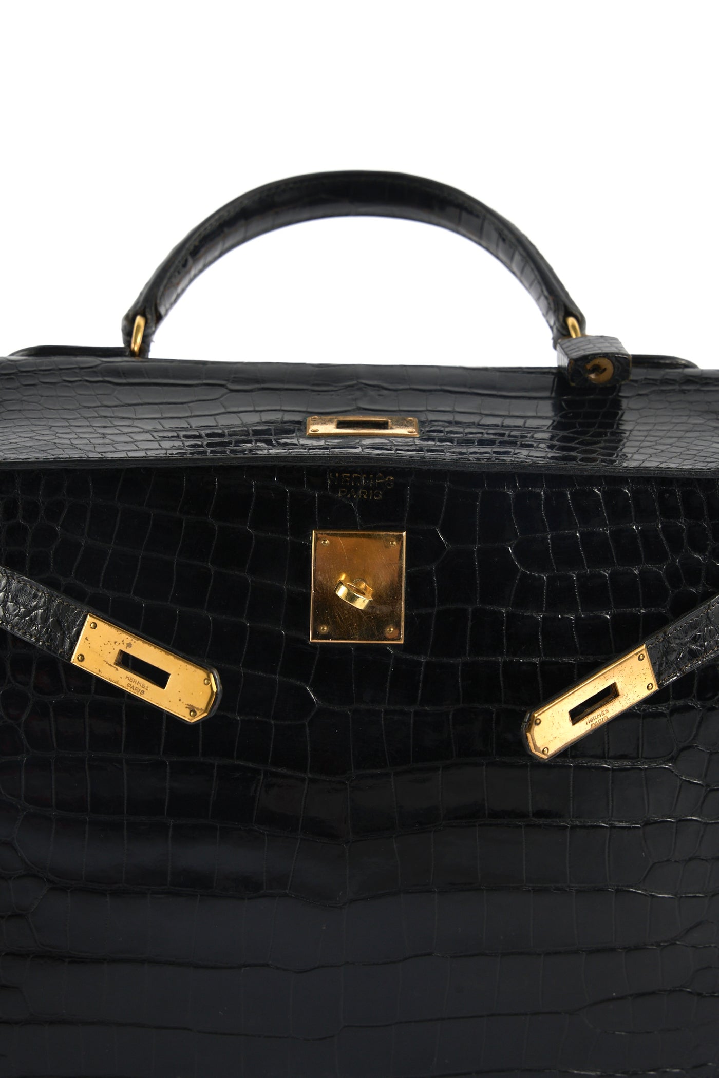 HERMES Kelly 32cm black shiny porosus crocodile ghw 1970's