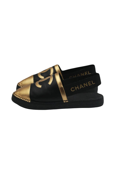 CHANEL 2019 black and gold sling back espadrilles size 40 new full set