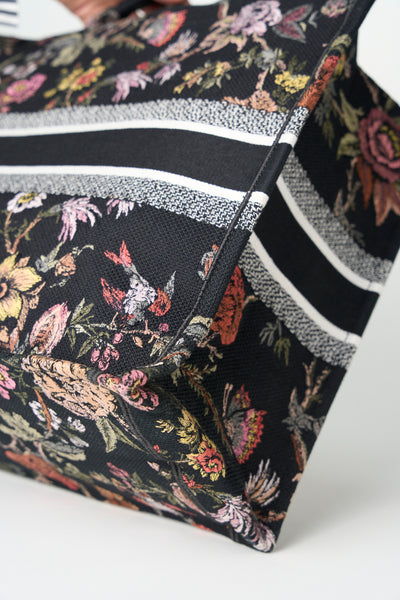 CHRISTIAN DIOR black canvas with floral embroidery large book tote