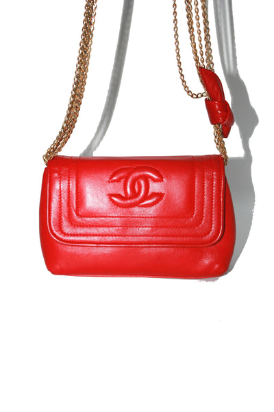 CHANEL red leather mini flap shoulder bag vintage 1986-1988