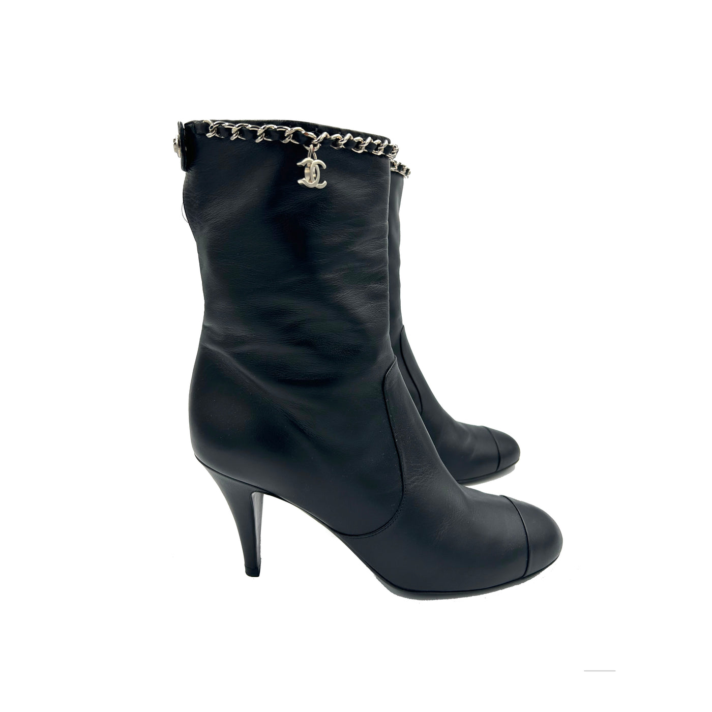 CHANEL black smooth leather boots with CC silver chain size 37.5