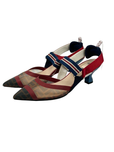 FENDI Mesh FF Logo Zucca Print Navy and Red Pointed Kitten Heels Size 41