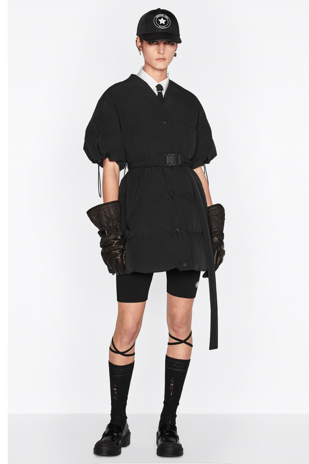 CHRISTIAN DIOR Black Matte Puffer Drawstring Belted White Star Logo Jacket Oversized size s