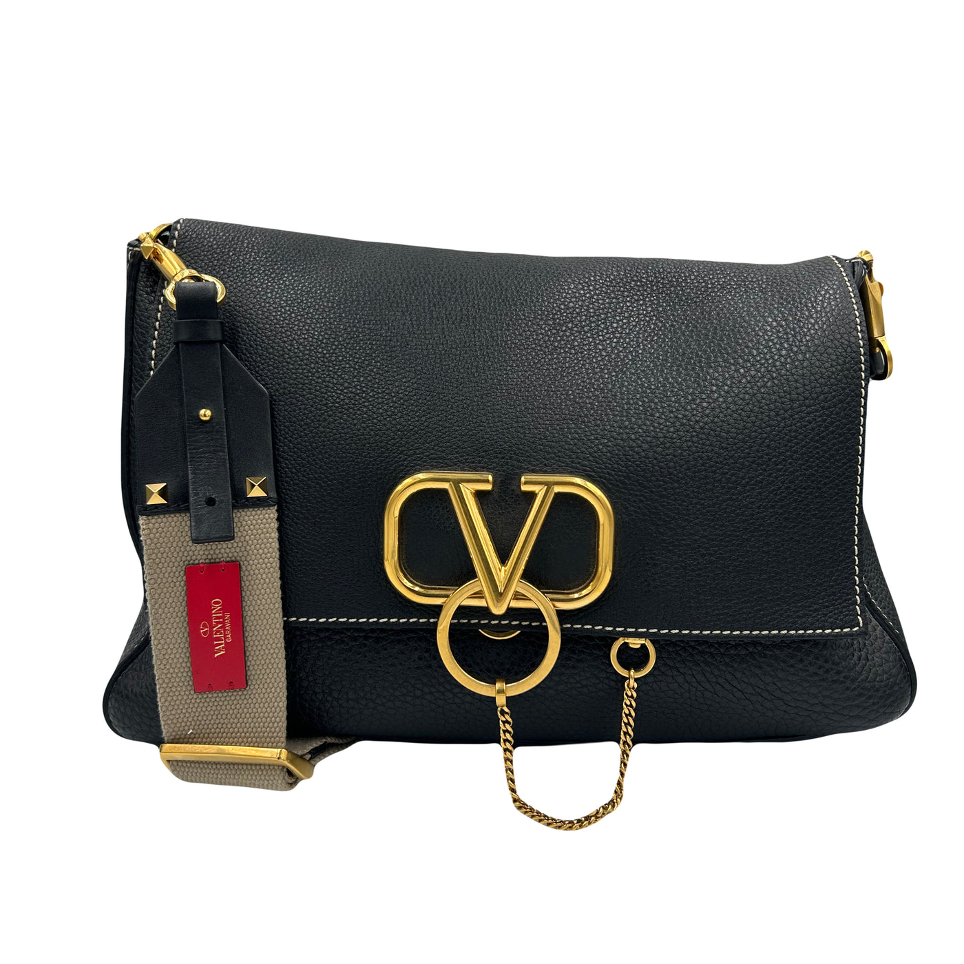 VALENTINO grain leather and canvas strap gold V signature bag