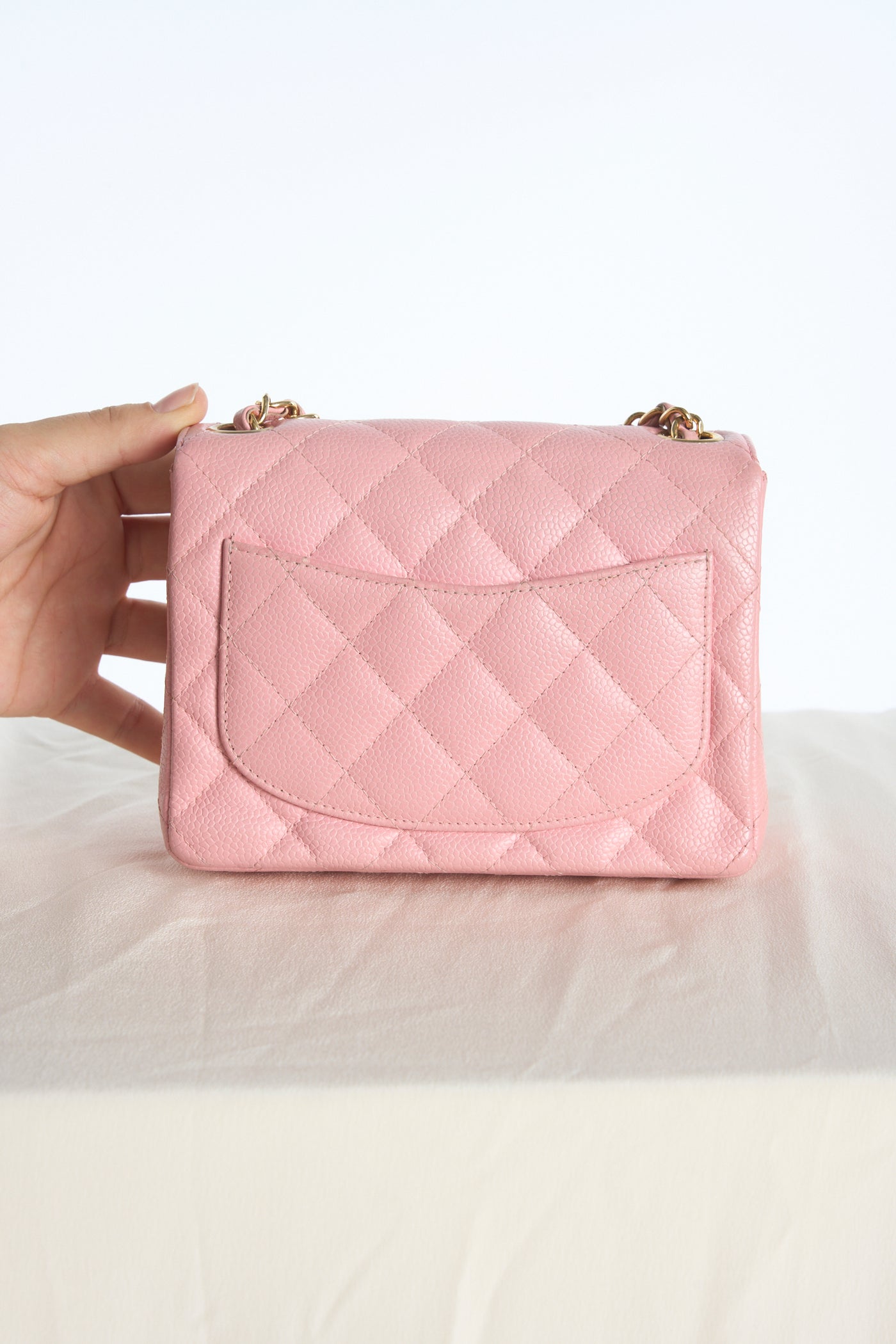 CHANEL rare mini square pink caviar with gold hardware collector piece