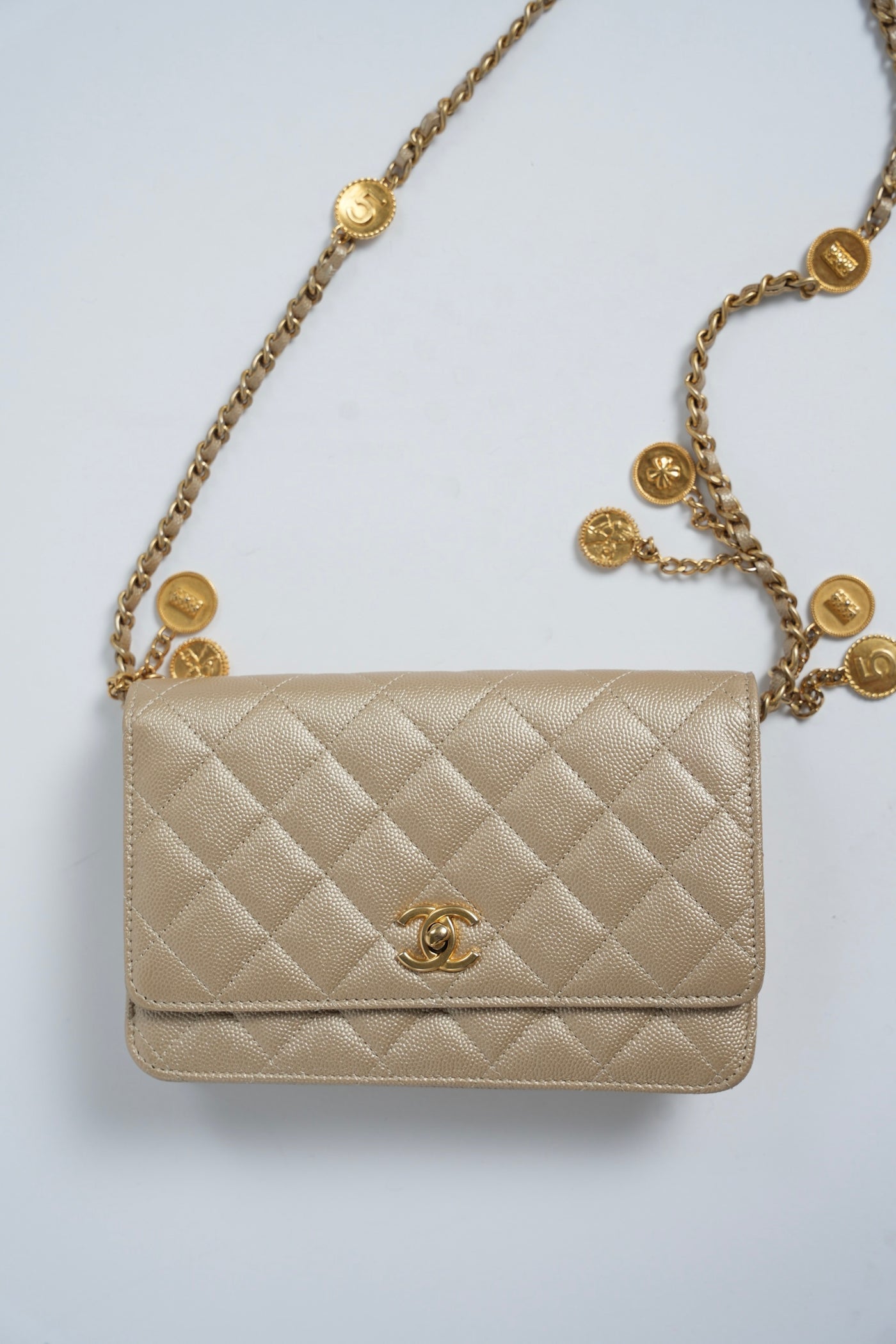 CHANEL gold caviar charm wallet on chain limited edition 2023 new full set