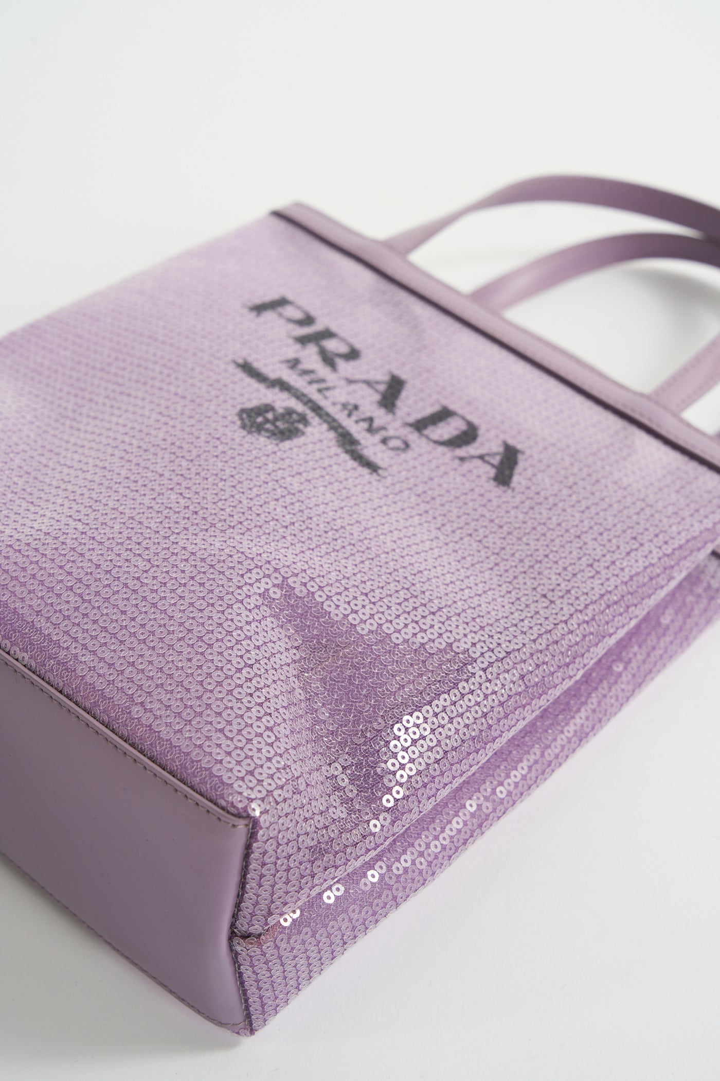 PRADA lavender logo sequined tote bag with leather pouch