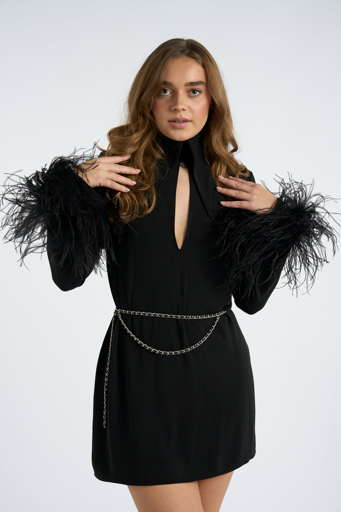 16 Arlington black dress with feathers