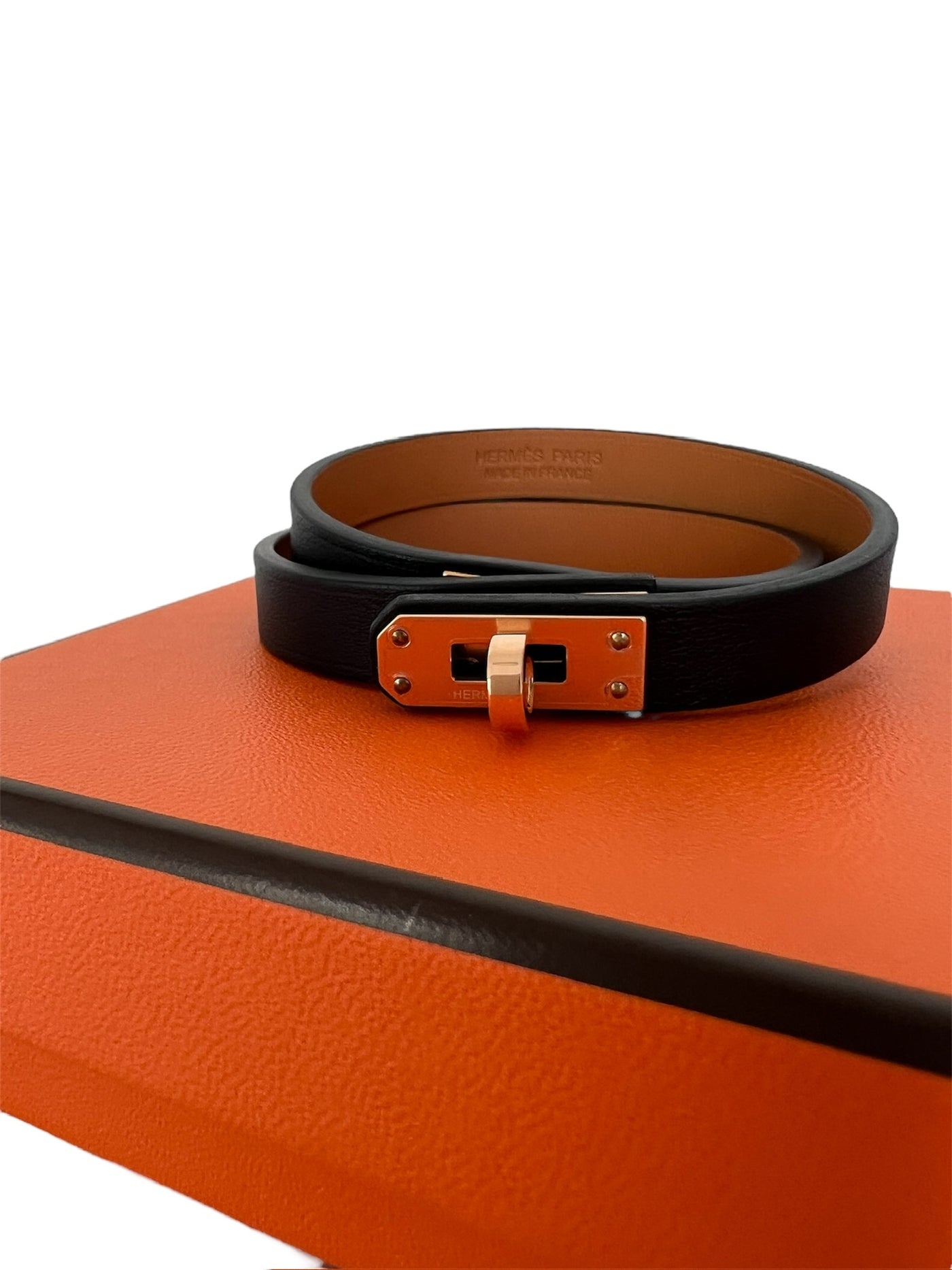 HERMES Kelly Double Tour bracelet Swift Noir Rose Gold Unworn with box