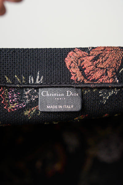 CHRISTIAN DIOR black canvas with floral embroidery large book tote