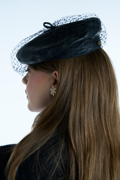 Christian DIOR black lambskin leather with net beret