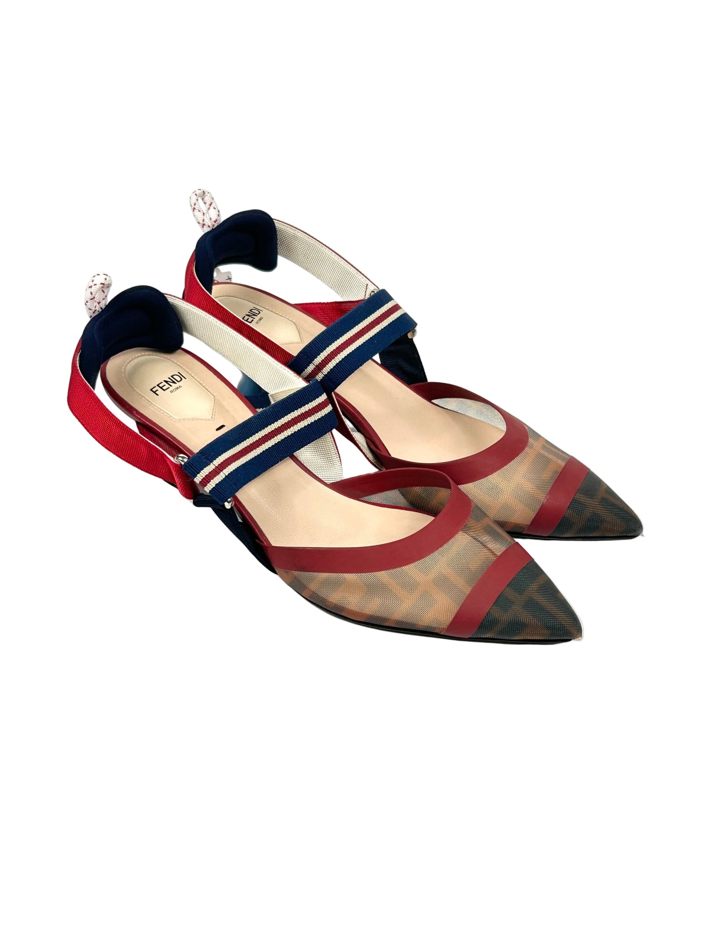 FENDI Mesh FF Logo Zucca Print Navy and Red Pointed Kitten Heels Size 41