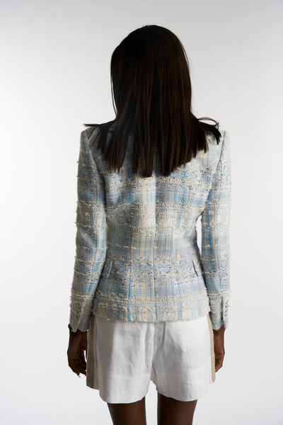 BALMAIN baby blue white tweed embellished blazer size 38 RRP: £2500