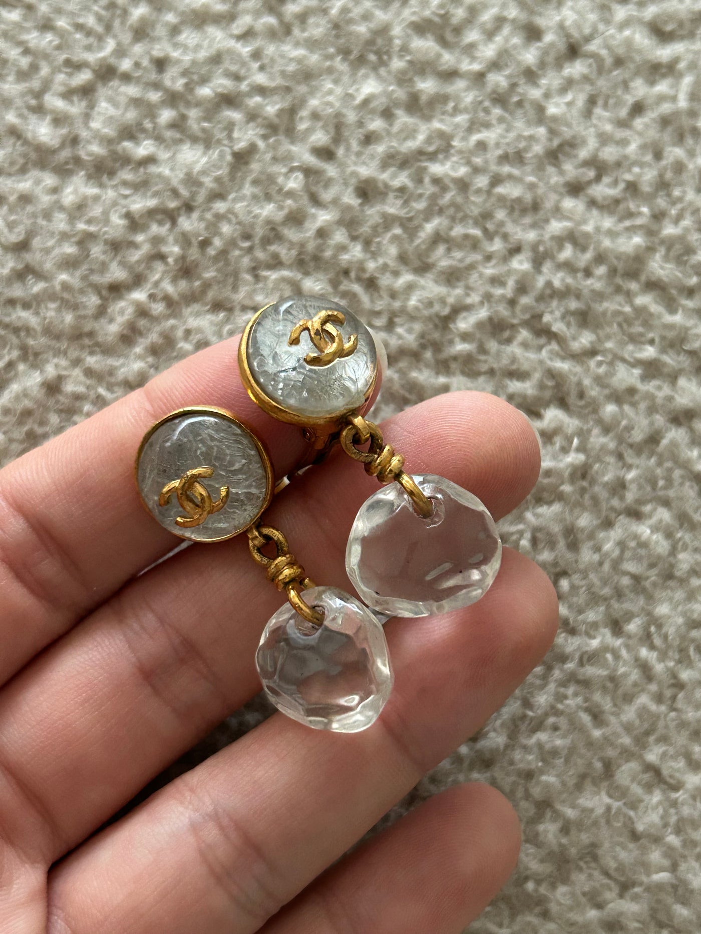 CHANEL Rare Vintage 1990's Clear Glass Martelé 24ct Gold Clip On Earrings