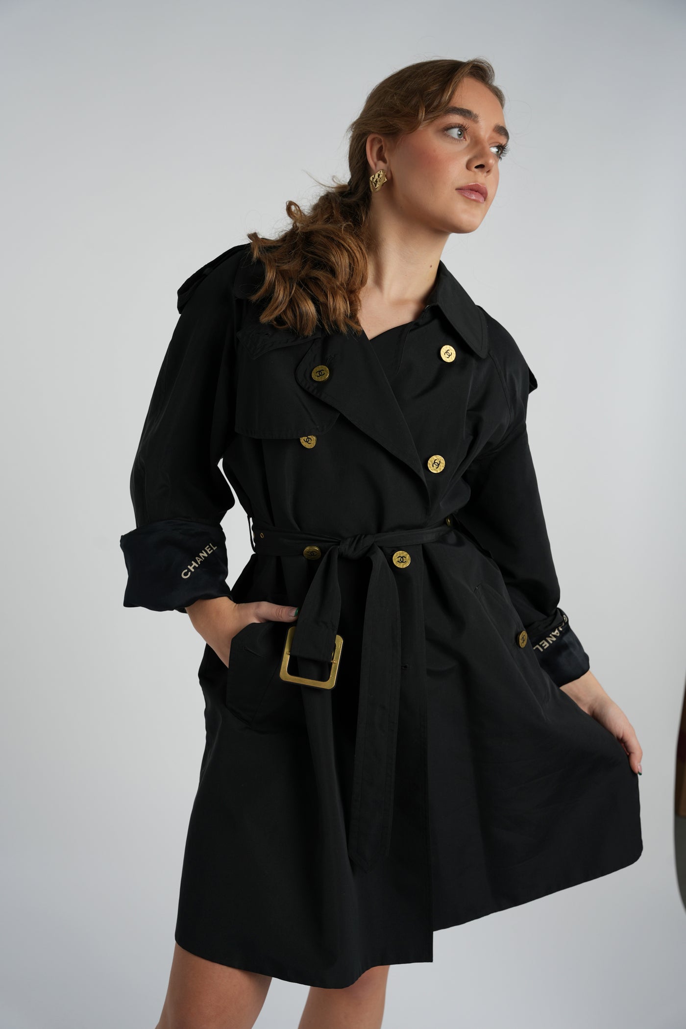 CHANEL collector's black trench with lettering lining vintage 1994