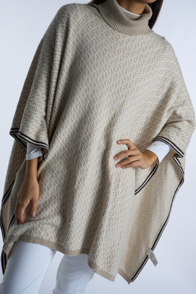 FENDI FF zucca print beige and cream wool cashmere roll neck poncho