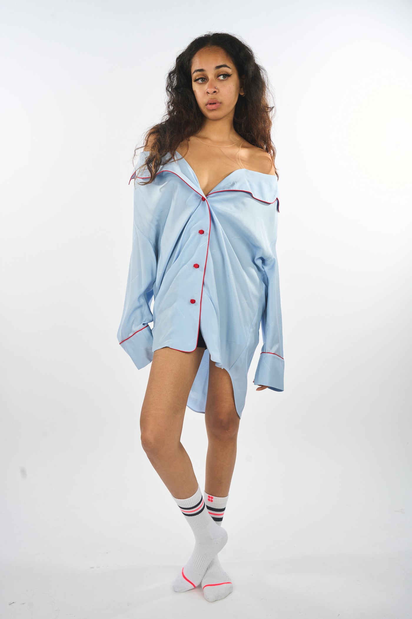 ALEXANDER WANG blue silk logo print oversized net shirt size S