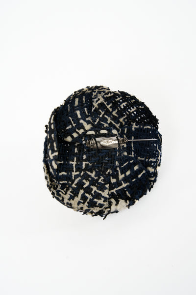 CHANEL tweed camelia brooch navy, black and white