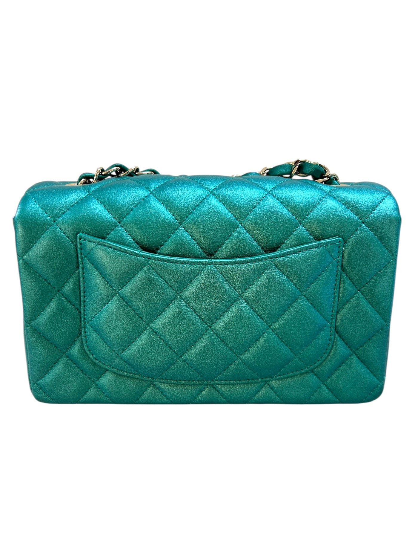 CHANEL 22A mini rectangle emerald green iridescent handbag full set