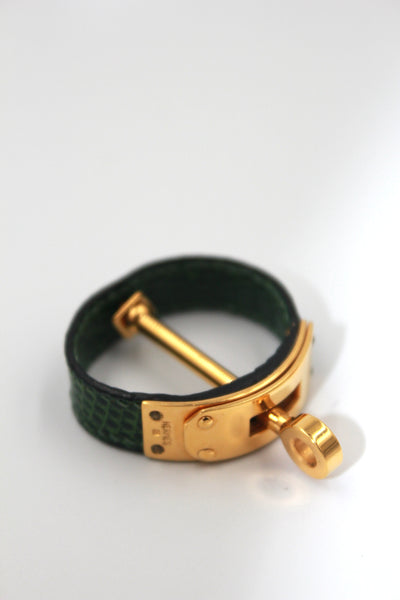 HERMES Ring Scarf Green Lizard Exotic Skin Gold Hardware with box