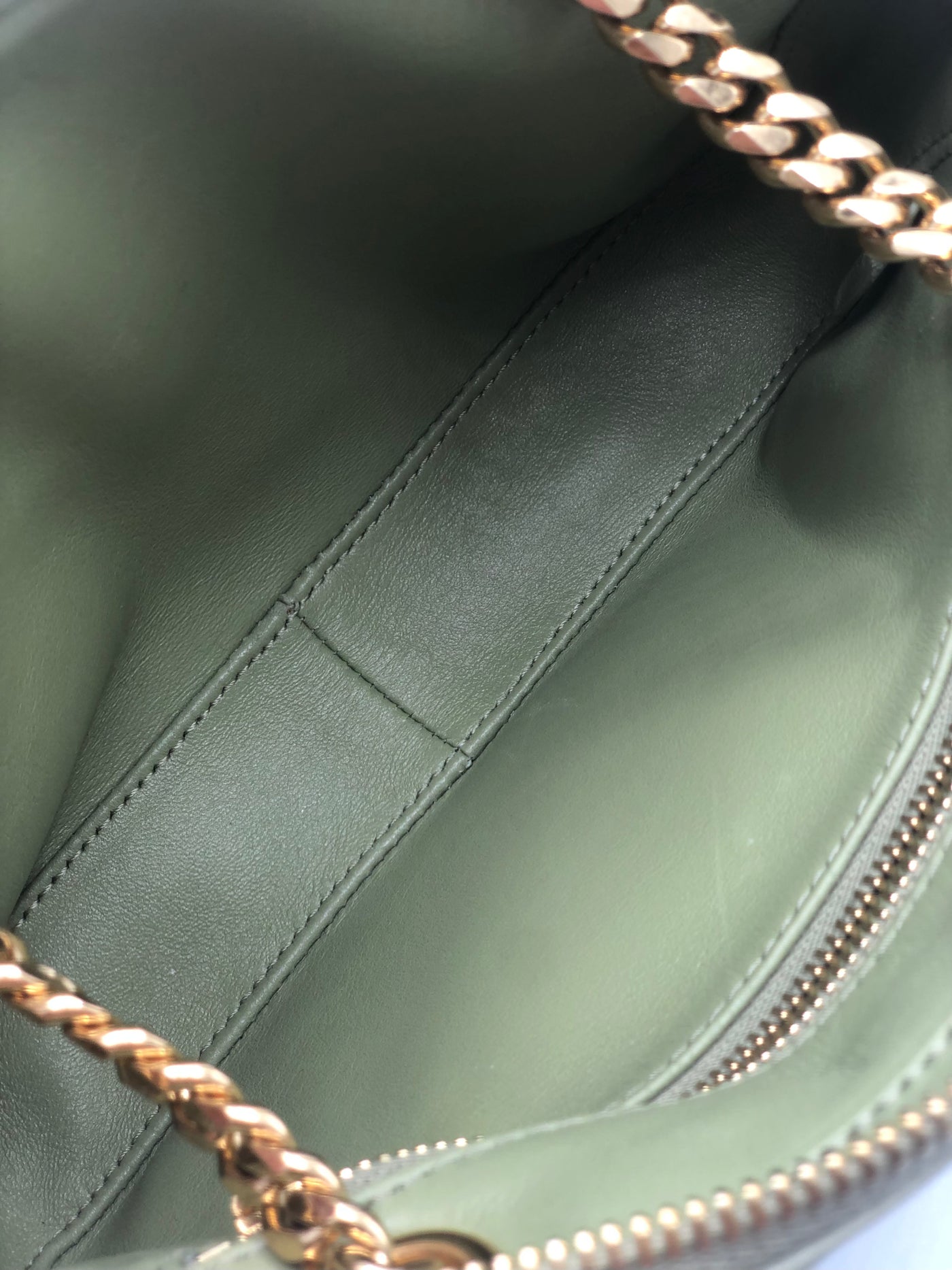 CELINE Small Patapans Sage Green leather with gold chain handbag