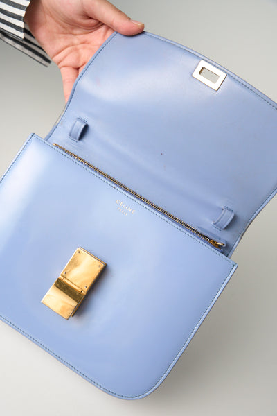 CELINE medium blue shiny calfskin classic handbag