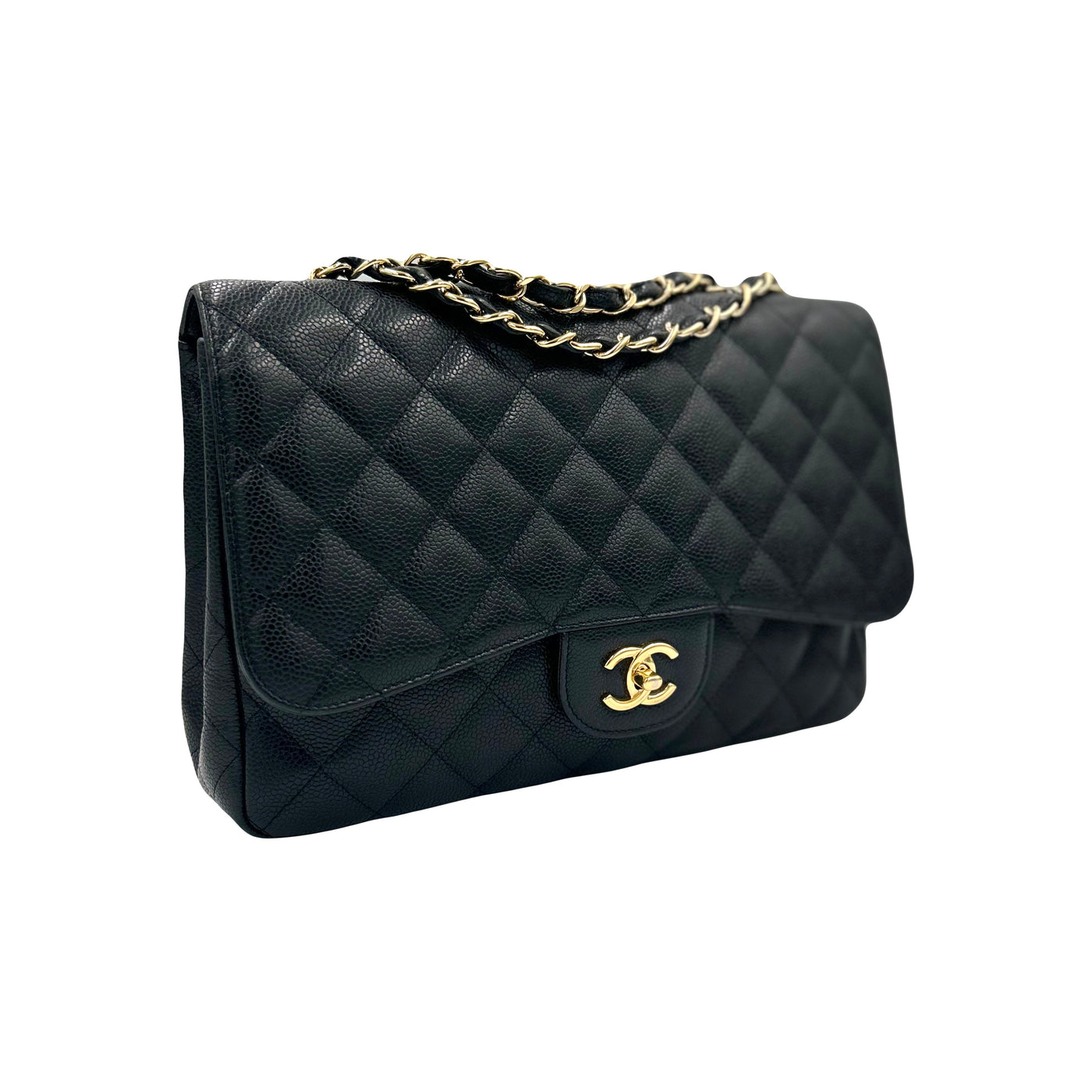 CHANEL Classic Jumbo Caviar single flap handbag with gold hardware