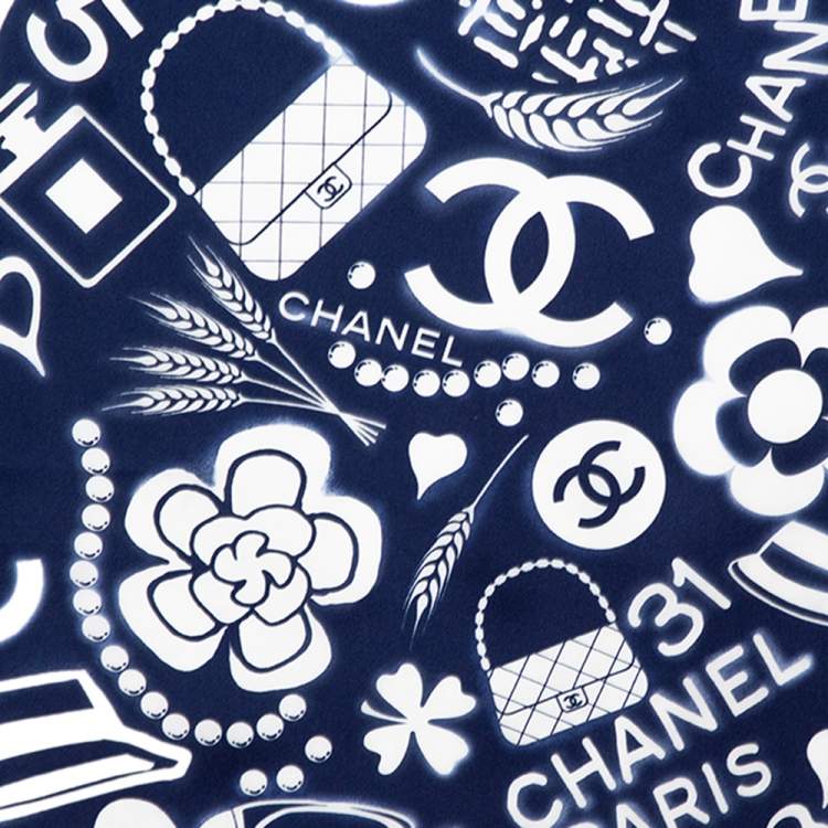 CHANEL multi icon blue silk scarf