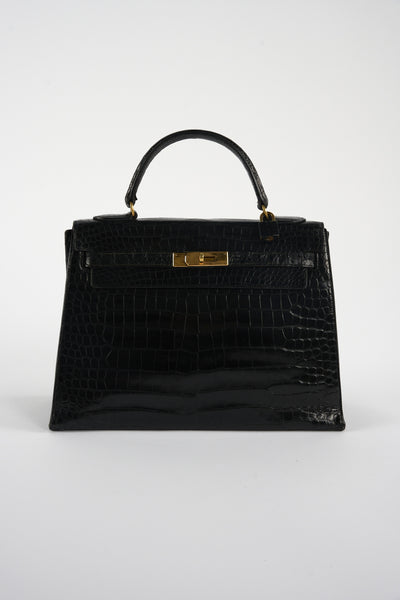 HERMES Kelly 32cm black shiny porosus crocodile ghw 1970's