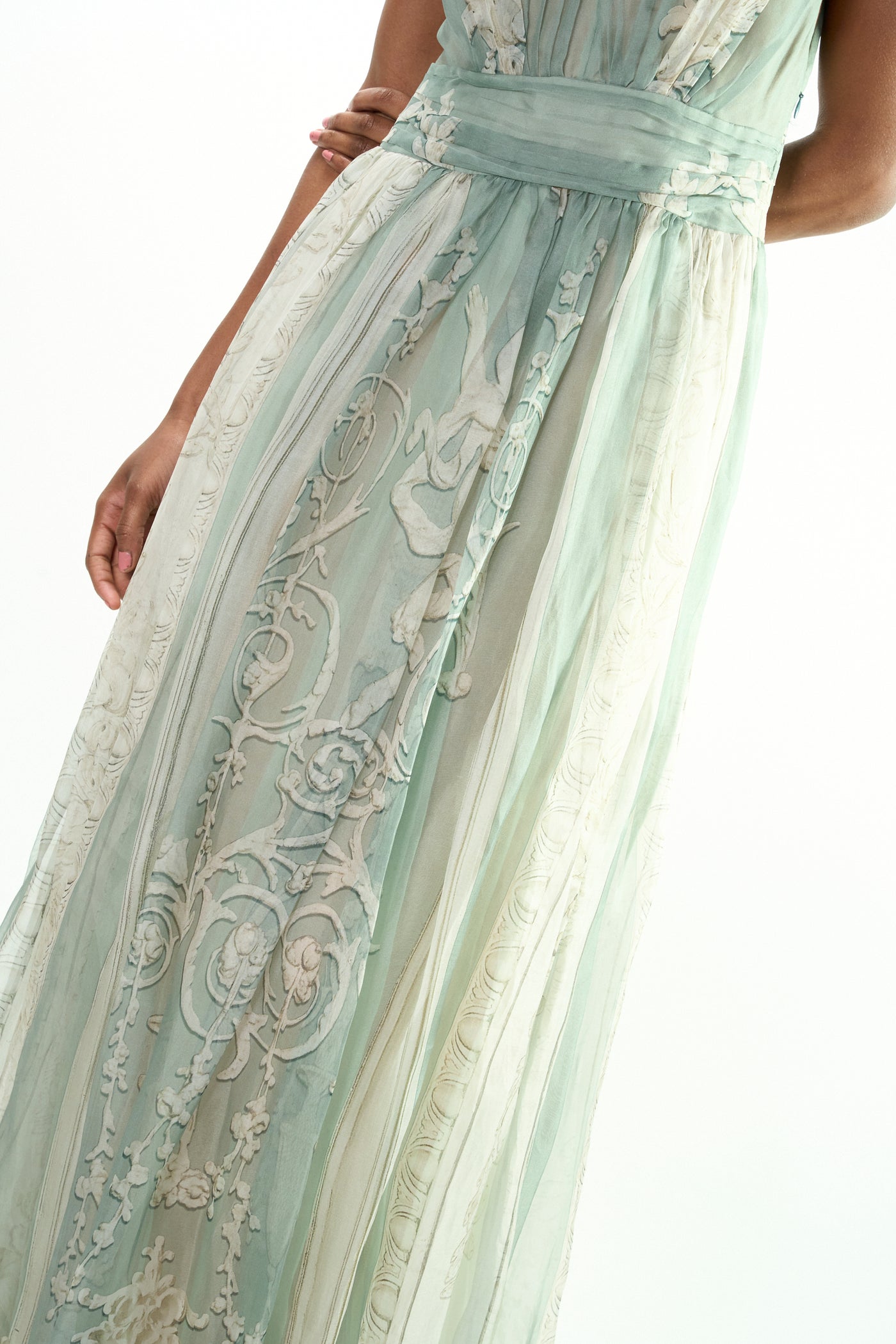 ALBERTA FERRETTI Silk Gown Sage Green Empire Neckline Limited edition U & Moi ALBERTA FERRETTI Silk Gown Sage Green Empire Neckline Limited edition U & Moi