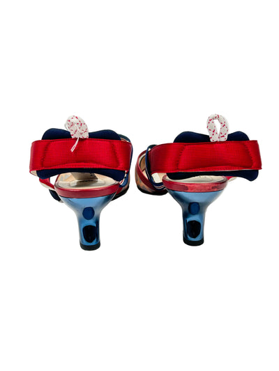 FENDI Mesh FF Logo Zucca Print Navy and Red Pointed Kitten Heels Size 41