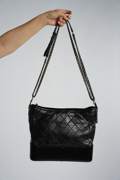 CHANEL Gabrielle black calfskin leather handbag with ruthenium ,silver and gold hardware