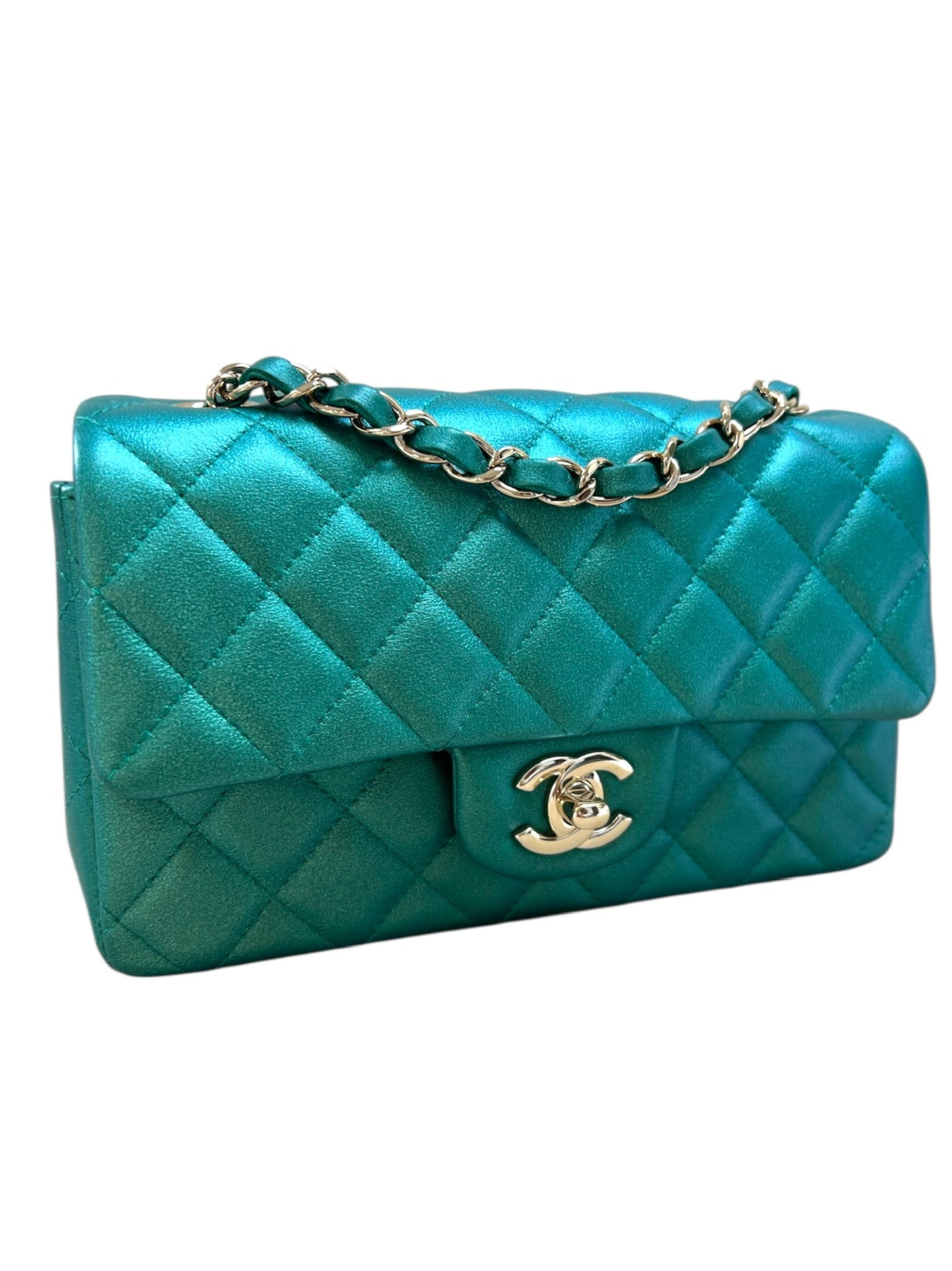 CHANEL 22A mini rectangle emerald green iridescent handbag full set