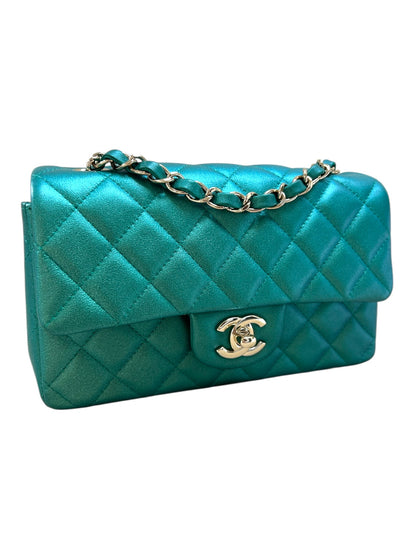 CHANEL 22A mini rectangle emerald green iridescent handbag full set