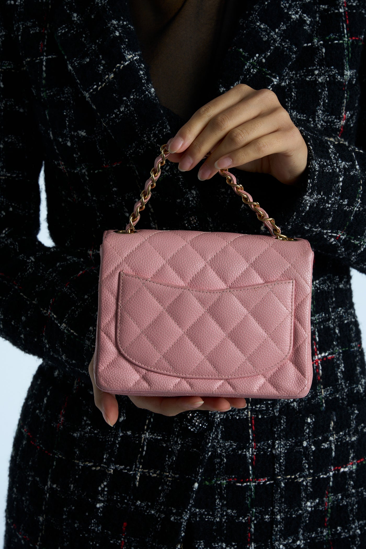 CHANEL rare mini square pink caviar with gold hardware collector piece