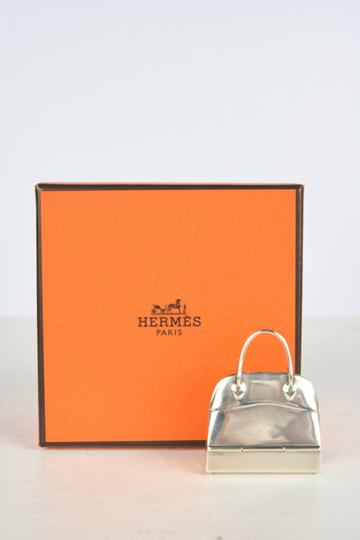 HERMES 1970's silver Mini Bolide Pill Box Charm pendant with pouch and box