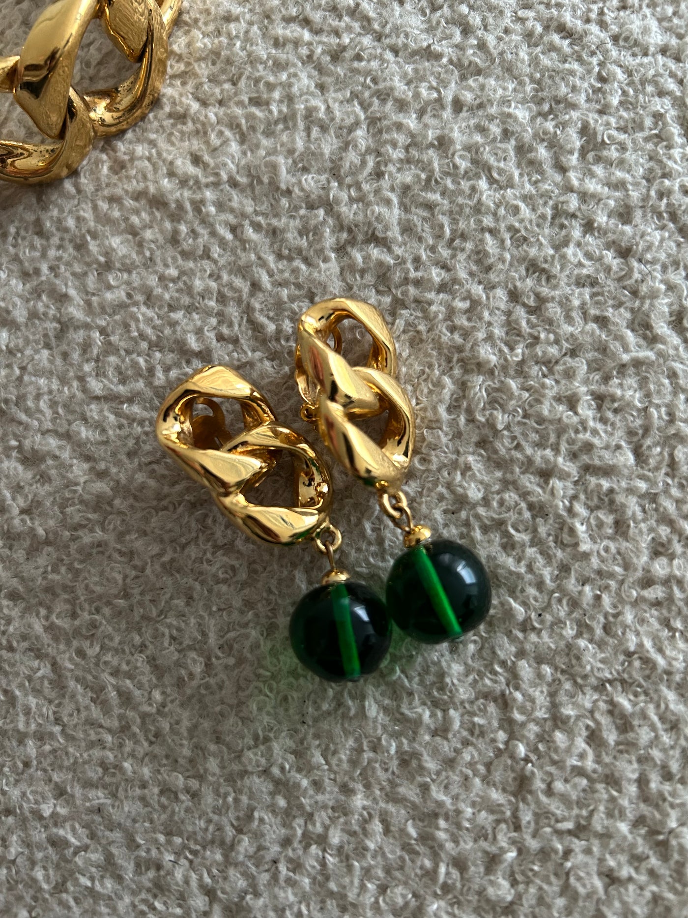 CHANEL Rare Vintage Green glass 24 ct Gold clip on earrings