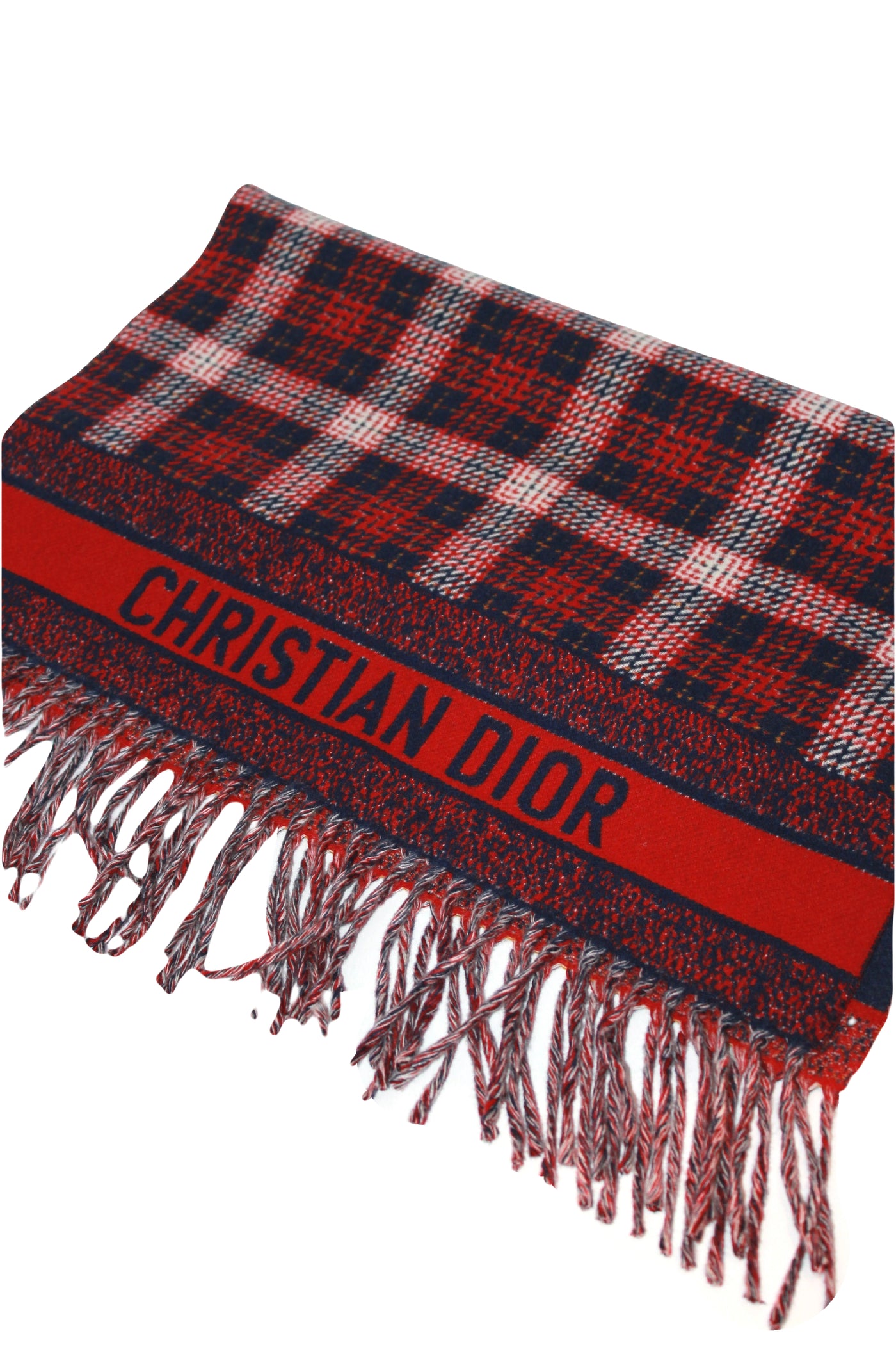 DIOR large wool checkered scarf with fringes