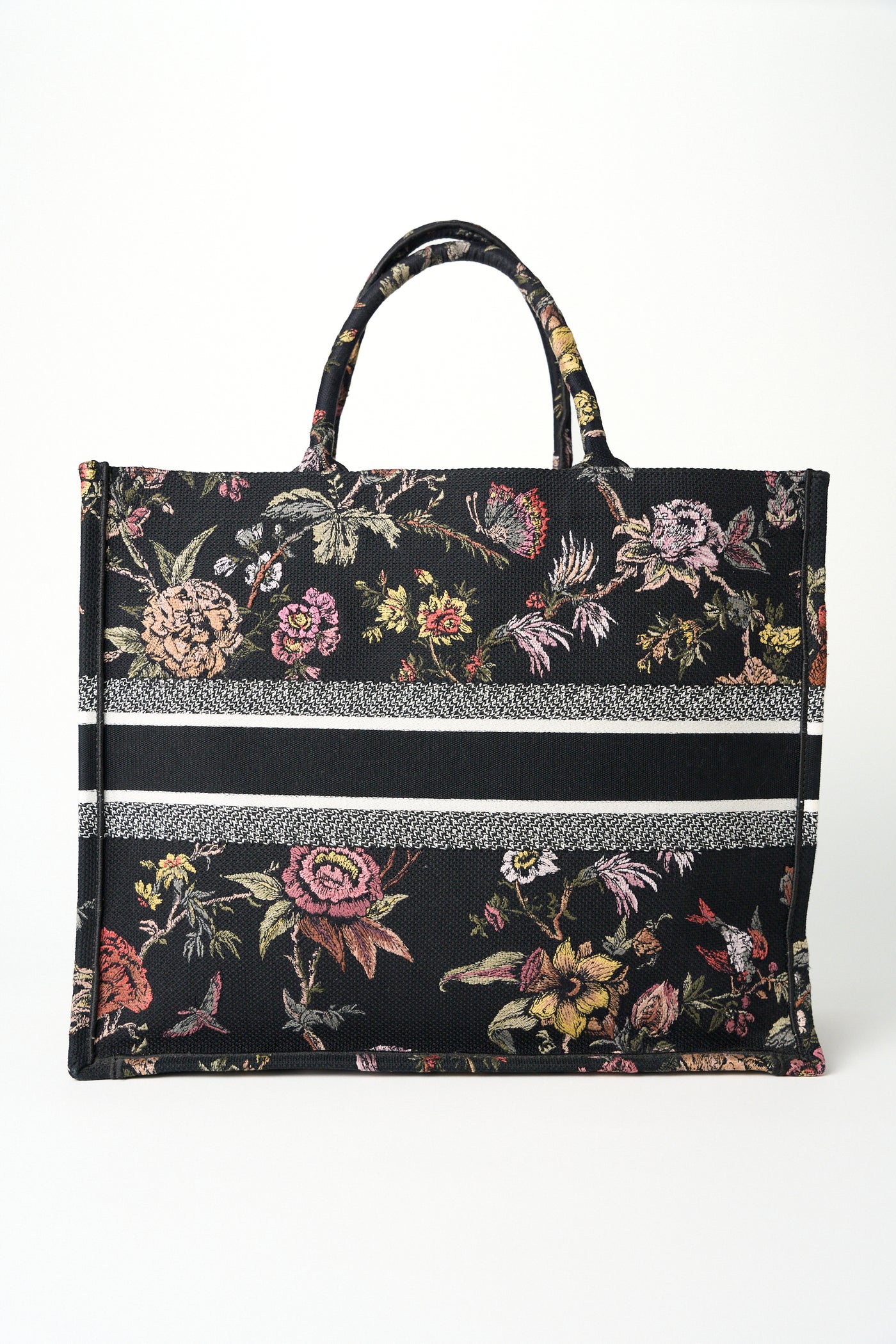 CHRISTIAN DIOR black canvas with floral embroidery large book tote