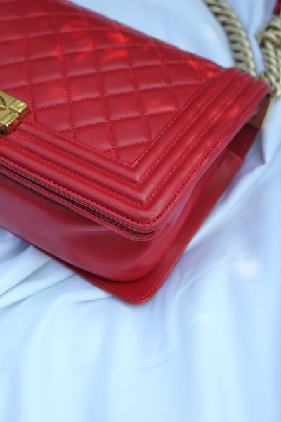 CHANEL red medium boy handbag with gold hardware