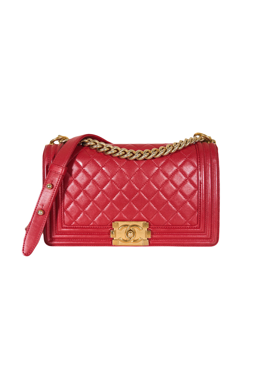 CHANEL red medium boy handbag with gold hardware