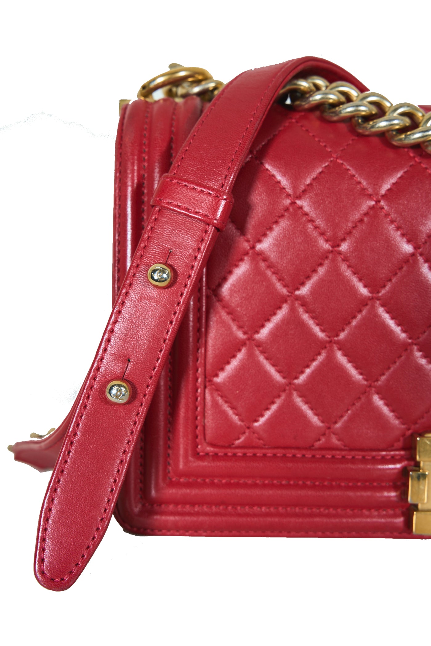 CHANEL red medium boy handbag with gold hardware