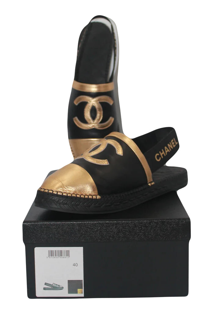 CHANEL 2019 black and gold sling back espadrilles size 40 new full set